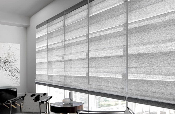 Light gray shades covering large business window